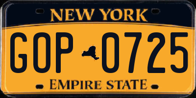 NY license plate GOP0725