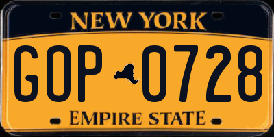NY license plate GOP0728