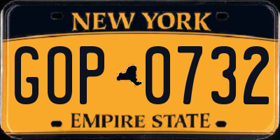 NY license plate GOP0732