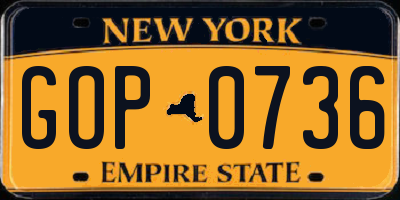NY license plate GOP0736