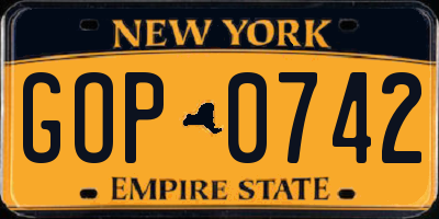 NY license plate GOP0742