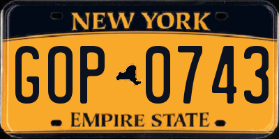 NY license plate GOP0743