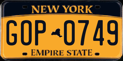 NY license plate GOP0749