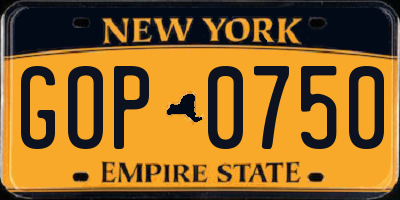 NY license plate GOP0750