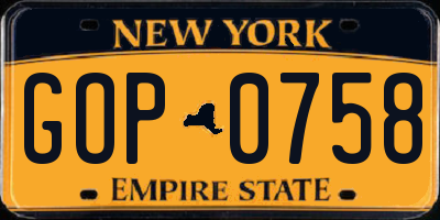 NY license plate GOP0758