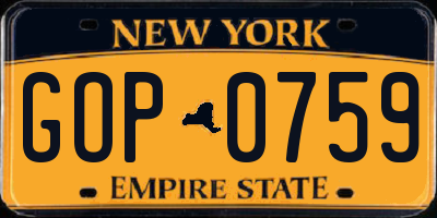 NY license plate GOP0759