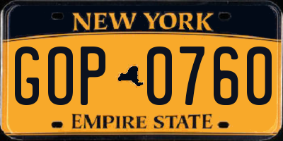 NY license plate GOP0760