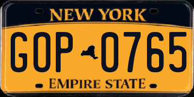 NY license plate GOP0765