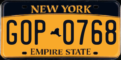 NY license plate GOP0768