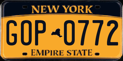 NY license plate GOP0772