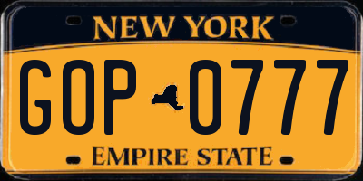NY license plate GOP0777