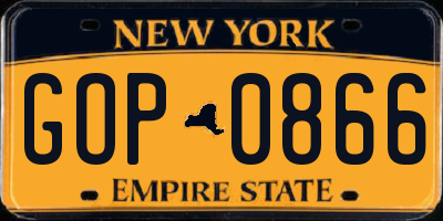 NY license plate GOP0866