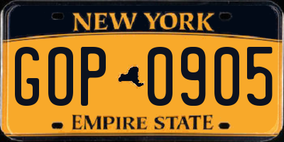 NY license plate GOP0905
