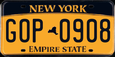 NY license plate GOP0908