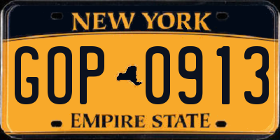 NY license plate GOP0913