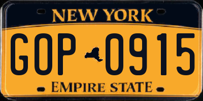 NY license plate GOP0915