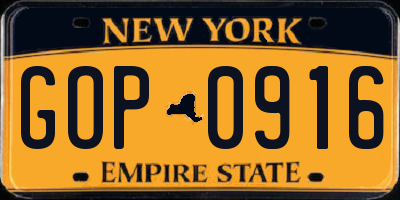 NY license plate GOP0916