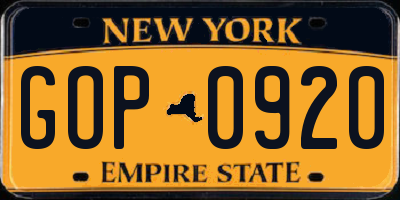 NY license plate GOP0920