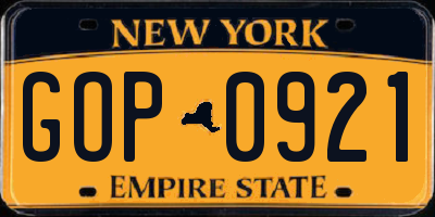 NY license plate GOP0921