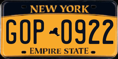 NY license plate GOP0922