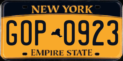 NY license plate GOP0923