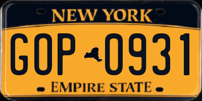 NY license plate GOP0931