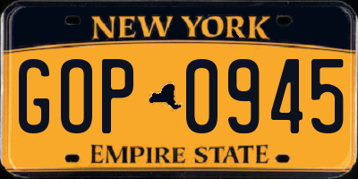 NY license plate GOP0945