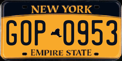 NY license plate GOP0953
