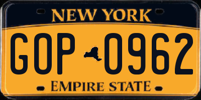 NY license plate GOP0962