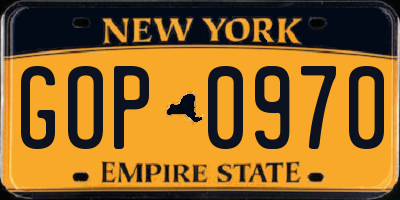 NY license plate GOP0970