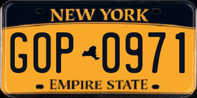 NY license plate GOP0971