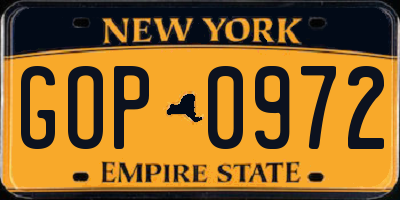 NY license plate GOP0972