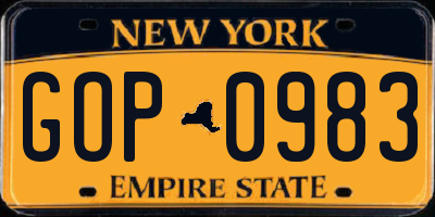 NY license plate GOP0983