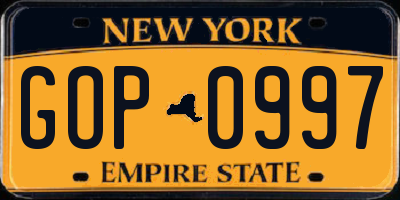 NY license plate GOP0997