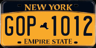 NY license plate GOP1012