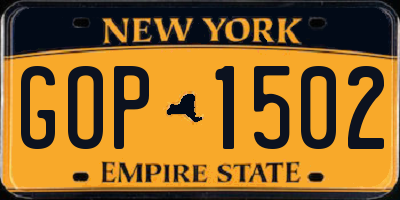NY license plate GOP1502