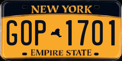 NY license plate GOP1701