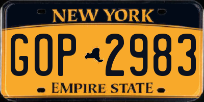 NY license plate GOP2983
