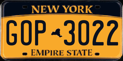 NY license plate GOP3022