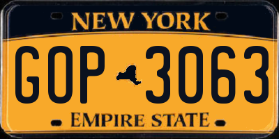NY license plate GOP3063