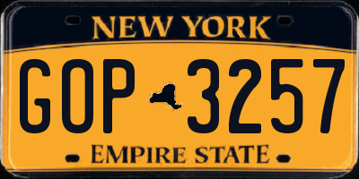 NY license plate GOP3257