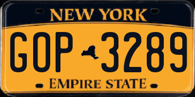 NY license plate GOP3289