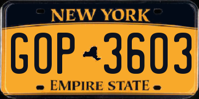 NY license plate GOP3603