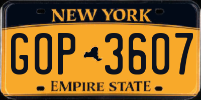 NY license plate GOP3607