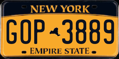 NY license plate GOP3889