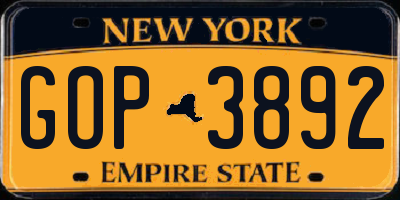 NY license plate GOP3892