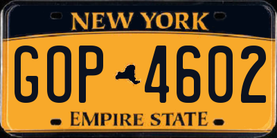 NY license plate GOP4602