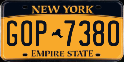 NY license plate GOP7380