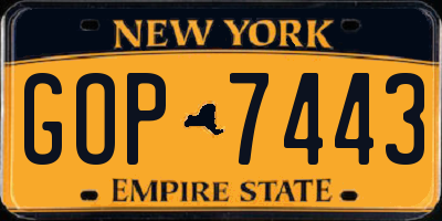 NY license plate GOP7443