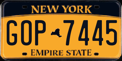 NY license plate GOP7445
